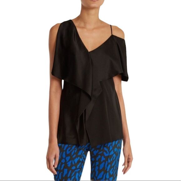 Diane Von Furstenberg Tops - DIANE Von Furstenberg Black Asymmetrical Ruffle Sleeveless Blouse S